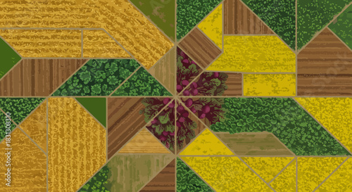 patchwork farmland aerial view showcasing diverse crops illustrating sustainable agriculture practices in rural areas perfect for agritech and environmental publications