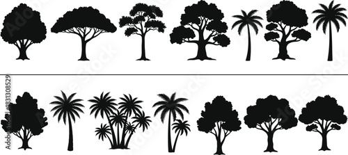 Collection of various tree silhouettes including palm trees, forest trees, nature elements, botanical shapes, isolated black vector designs for landscape illustration
