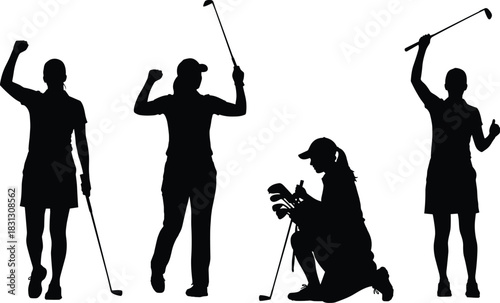 Female golfer silhouettes celebrating, practicing and preparing with golf clubs, dynamic sports poses for golf illustration, fitness, training, recreation and activity concepts