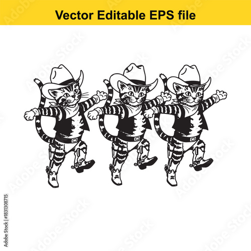 Three cartoon cowboy cats dancing happily in a line wearing western hat and vest, vector editable eps file