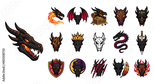 Collection of stylized dragon head illustrations, featuring various colors, elements like fire, wings, treasure, and crowns.