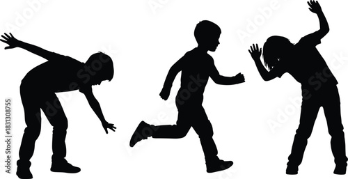 Silhouette of children playing, running and dancing in playful poses, energetic childhood activity illustration for design, education, recreation, and creative projects