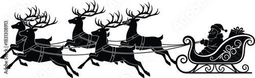 Silhouette of Santa Claus riding sleigh pulled by reindeer, Christmas holiday scene, festive winter illustration, traditional seasonal decoration design