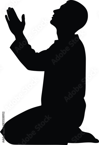 Silhouette of person kneeling in prayer with raised hands, spiritual worship pose for faith, religion, meditation, devotion and inspirational design themes