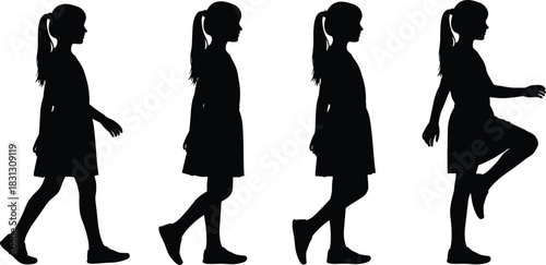 Silhouette sequence of young girl walking and lifting leg, child motion poses, movement illustration, progression steps, playful activity concept on white background
