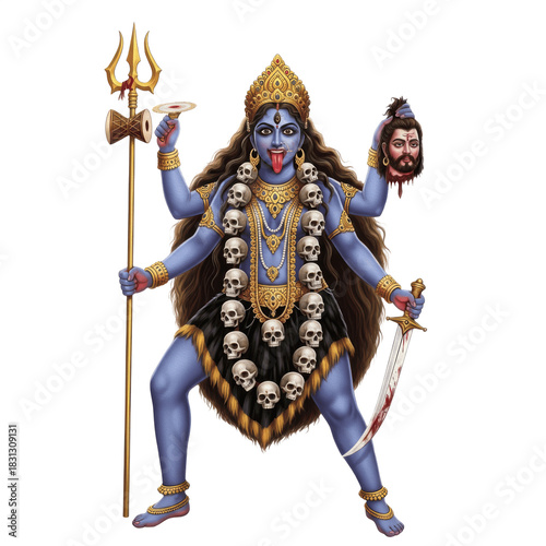 Obraz na plátne Hindu Goddess Kali Maa Standing with Many Arms Wearing Skull Garland PNG Oil Pai