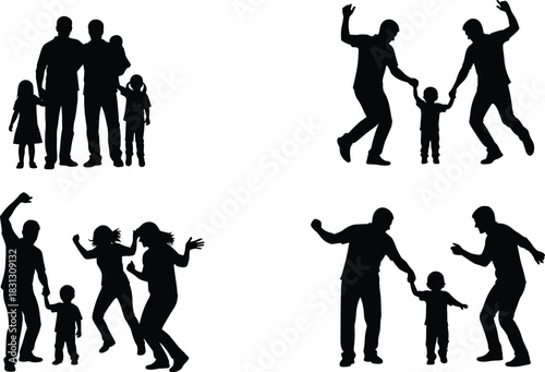Silhouette set of families interacting with children, playing, walking, holding hands, joyful parent moments, family bonding illustration, happy parenting scene