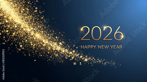 Golden sparkles and 2026 Happy New Year text on dark blue background image