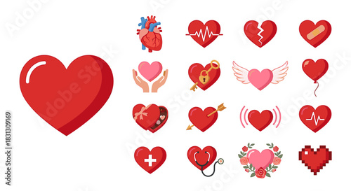 A collection of various heart illustrations depicting different concepts and conditions.