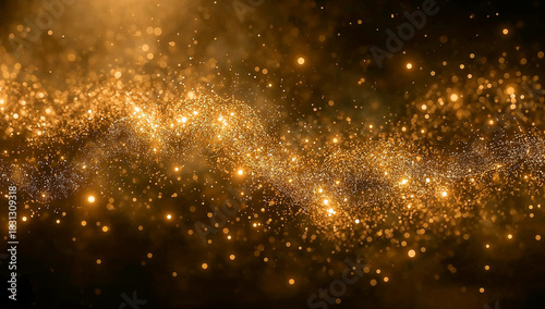 Abstract golden cosmic fog shimmering particles in celestial ambience