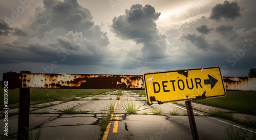Aged detour sign on cracked road shows decay and direction under dramatic sky with sunlight shafts