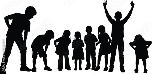 Silhouettes of children standing and posing in different playful positions, group of kids expressing emotions, fun childhood activity illustration on white