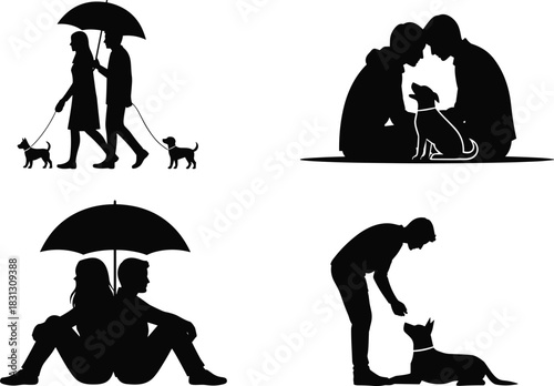 Silhouettes of couples interacting with dogs, walking with umbrella, sitting together, training pets, affectionate bonding scenes, human and animal relationship illustration