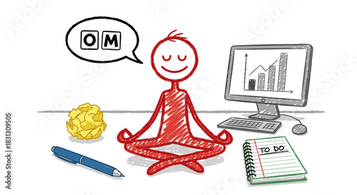 A red stick figure meditating in a lotus pose on an office desk, a hand-drawn concept of finding calm, mindfulness, and stress relief at work