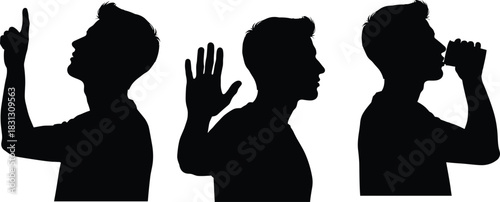 Silhouettes of man making various gestures including pointing upward, raising hand to stop, and drinking from cup, expressive male poses illustration
