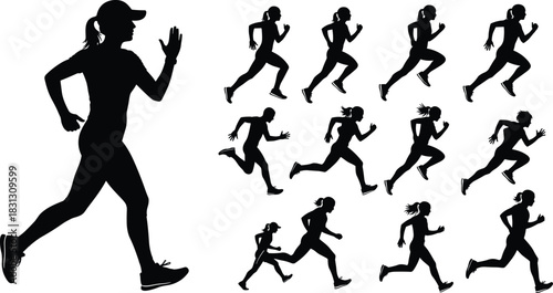 Silhouettes of runners in various motion poses, athletic woman jogging, fitness training, running actions, sport movement illustration for exercise concept design