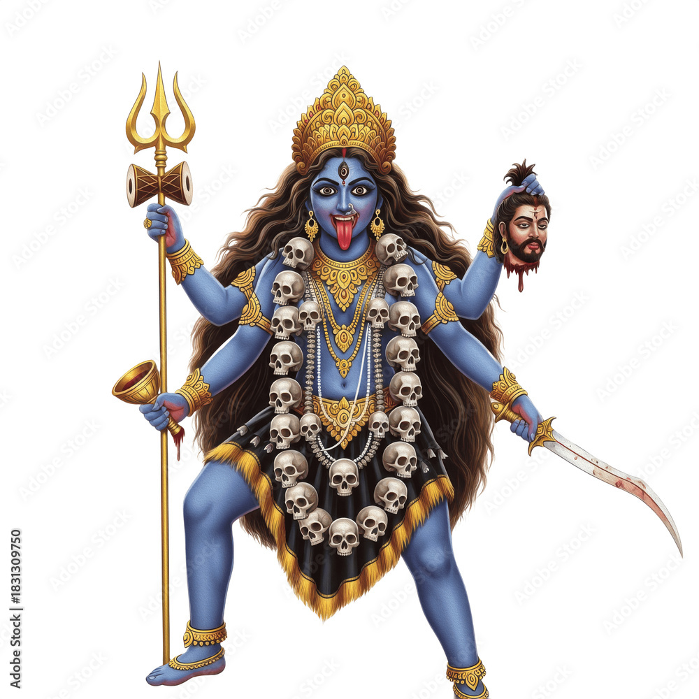 Obraz premium Hindu Goddess Kali Maa Standing with Many Arms Wearing Skull Garland PNG Oil Paint