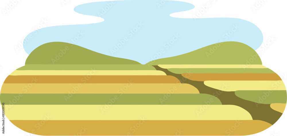Obraz premium Abstract vector illustration of a rural landscape with striped fields and rolling hills.