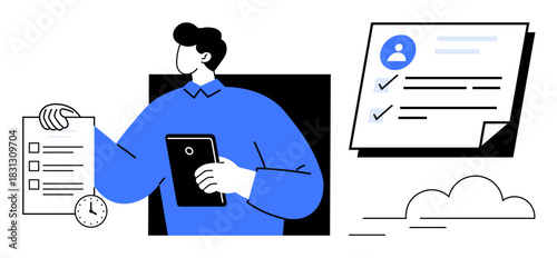 Person holding tablet with checklist, clock, and profile card elements emphasizing productivity, time management, and task completion. Ideal for business, planning, organization, efficiency