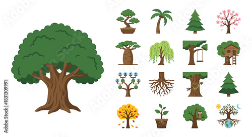 Collection of diverse tree illustrations, including broadleaf, coniferous, bonsai, palm, baobab, weeping willow, treehouse, and seasonal variations.