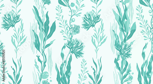 Seaweed pattern design with vibrant green sea plants creating an organic aquatic texture perfect for backgrounds and nautical-themed design projects.