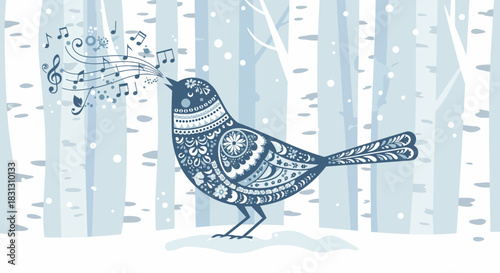 Singing bird in a winter forest spreading musical joy perfect for festive greetings album art illustrating natures harmony during winter solstice.
