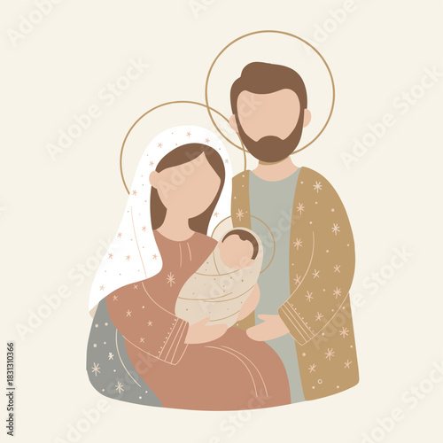 Boho depiction of Mary Joseph and newborn Jesus