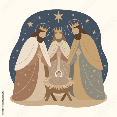 Three wise men presenting gifts in modern style