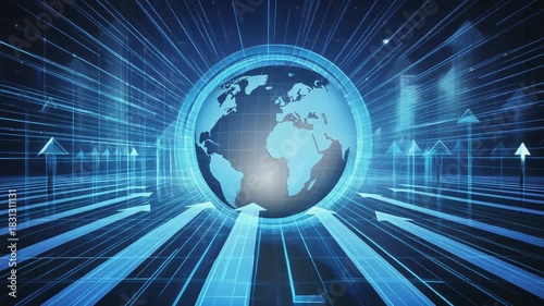 Digital Globe With Upward Arrows On Blue Background Illustrating Global Business