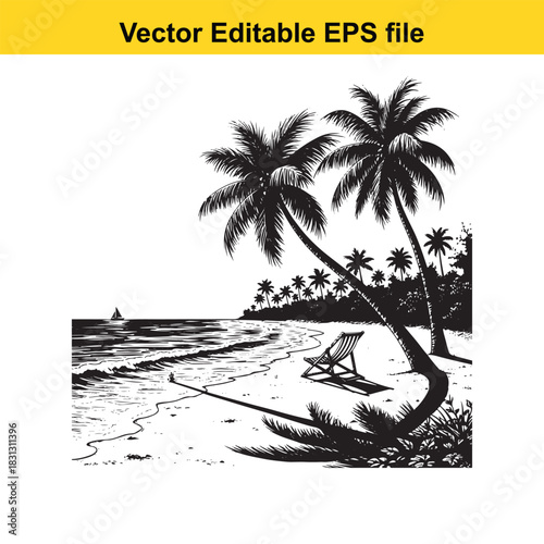 Black and white vector illustration of a serene tropical beach scene featuring leaning palm trees, gentle ocean waves, and a lone beach chair under bright sunlight