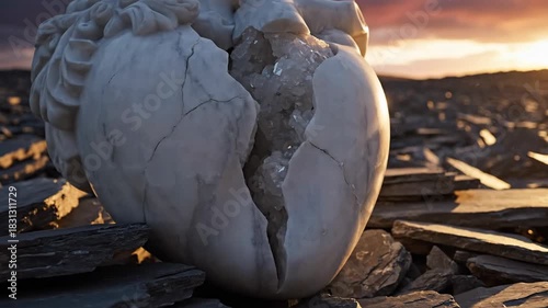 Stone heart sculpture amidst rocky landscape at sunset