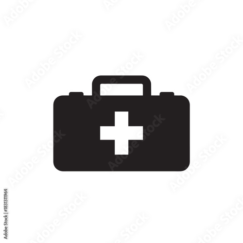 Black first aid kit icon with white cross on white background medical health 2