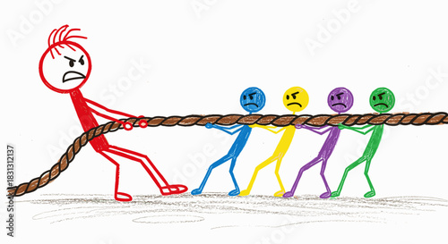 Conceptual illustration of an unequal tug of war competition, showing one strong individual versus a weaker but united team