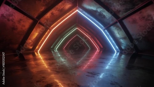 Neon Light Tunnel with Reflective Surface and Rust Texture