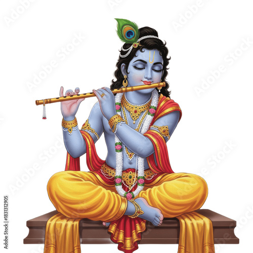 Hindu God Lord Krishna Seated Playing Bansuri Flute with Peacock Feather PNG Oil Paint