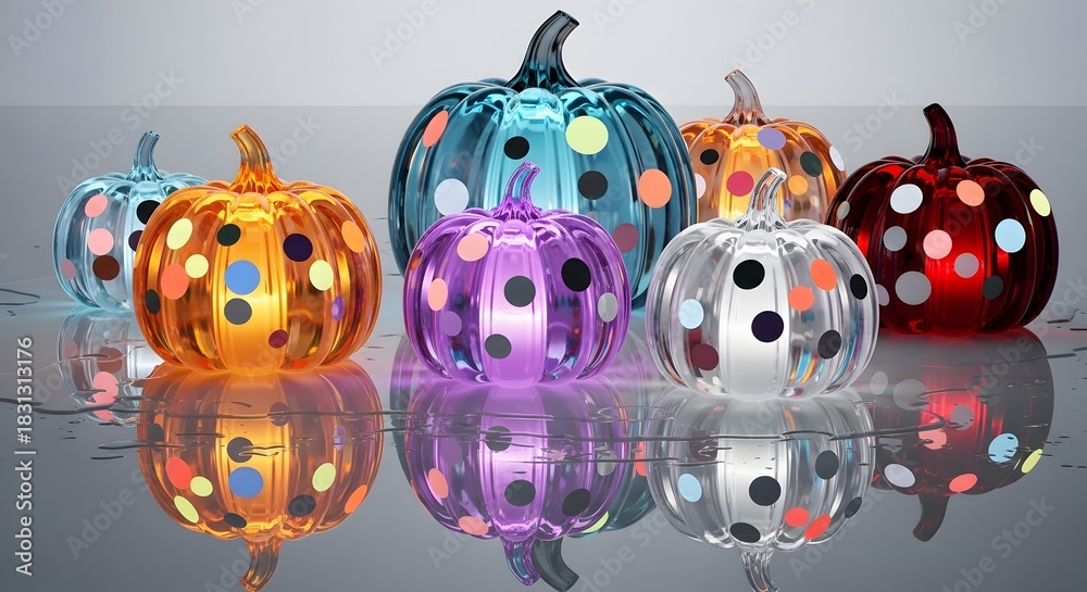 Fototapeta premium Group of Colorful Decorative Pumpkins with Polka Dots arranged on Reflective Surface creating Striking Visuals and Halloween Holiday Decorations