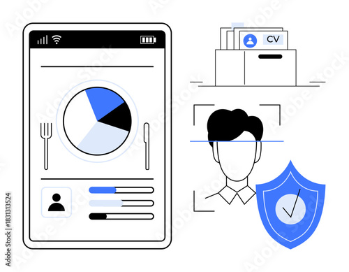 Digital identity concept. Digital identity with facial recognition technology, data protection via shield, and user analytics on mobile interface. Digital identity for security, HR systems, tech