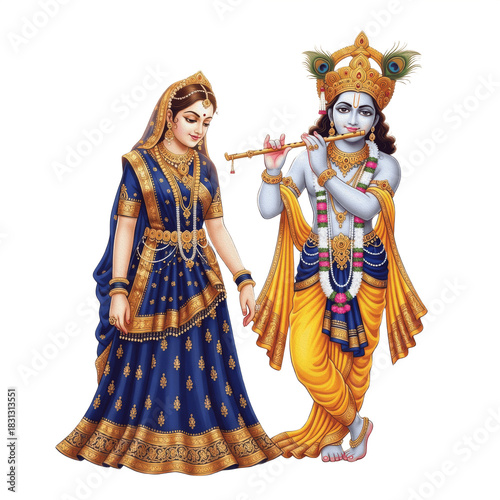 Hindu Gods Radha and Krishna Standing Together Playing Flute PNG Oil Paint