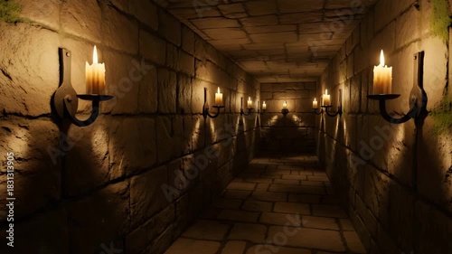 Animated medieval stone corridor with candles providing dim lighting