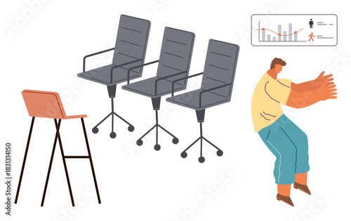 Three office chairs, a single high stool, a chart with stats, and a man trying to handle oversized arms. Ideal for work dynamics, challenge, teamwork, innovation growth effort adaptability. Simple