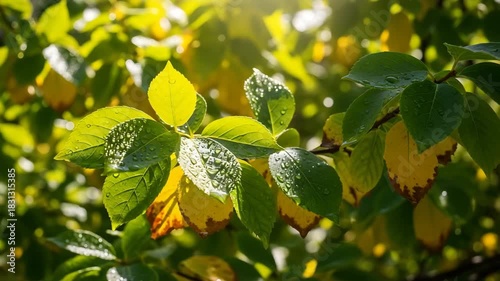 Dew drops on leaves illuminated by sunlight during the autumn season