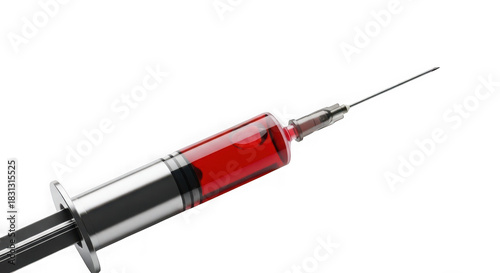 Medical syringe filled with red liquid isolated on transparent background