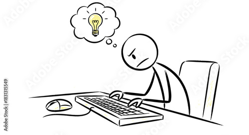 Frustrated stick figure at a computer desk experiencing writer's block and searching for a brilliant creative idea