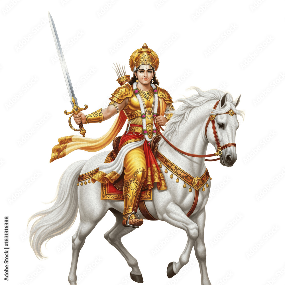 Obraz premium Hindu God Lord Kalki Riding White Horse with Sword and Peacock Feather Crown PNG Oil Paint