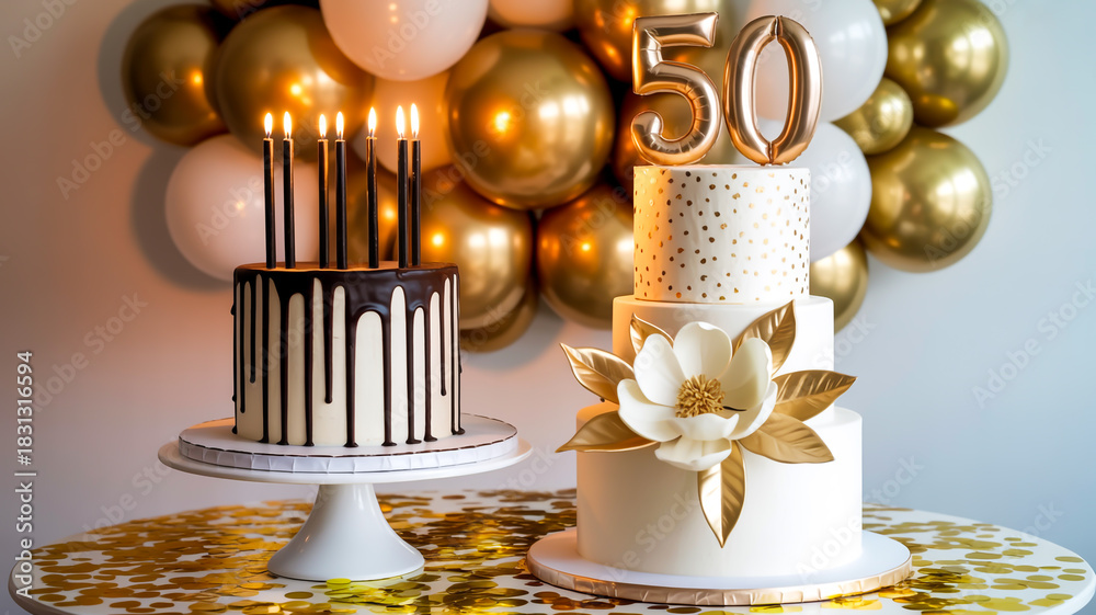 Fototapeta premium A 50th annive. On the left is a modern black and white drip cake witrsary celebration scene with two elegant