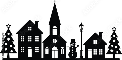 Black silhouette of a winter village with Christmas trees and snowman