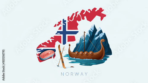 Norway travel illustration with flag map, fjord mountains, Viking ship, skis and salmon on light blue background