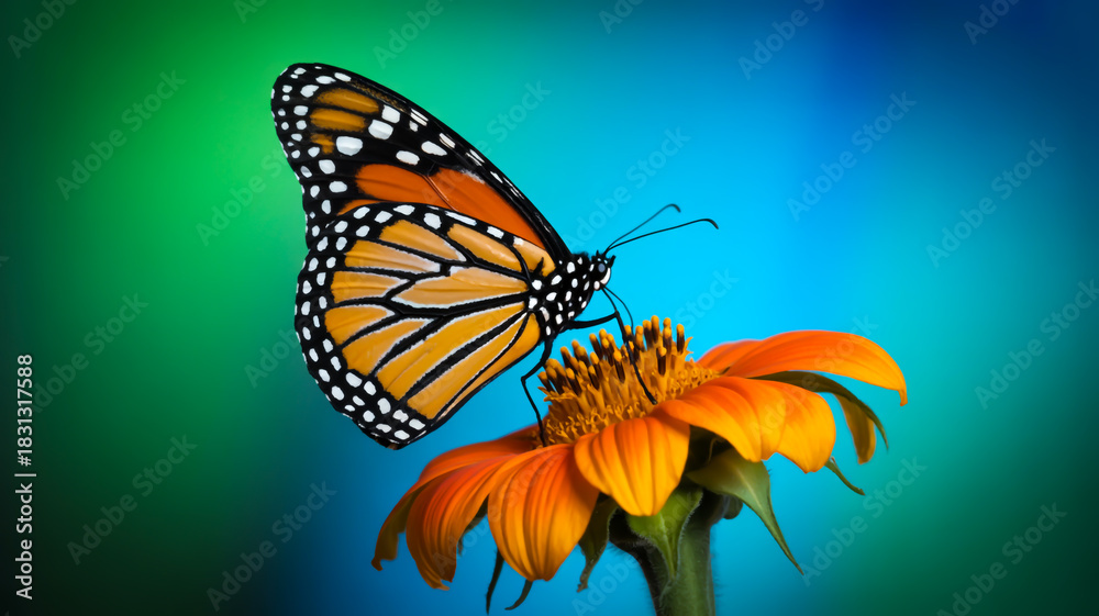Fototapeta premium A close-up photograph of a monarch butterfly perched on an orange Mexican sunflower against a blurred gradient background of turquoise and emerald green