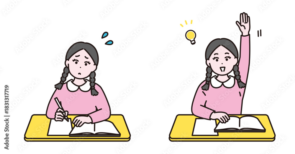 Φωτογραφία 机で勉強している女の子のイラストセット　疑問　手を挙げる