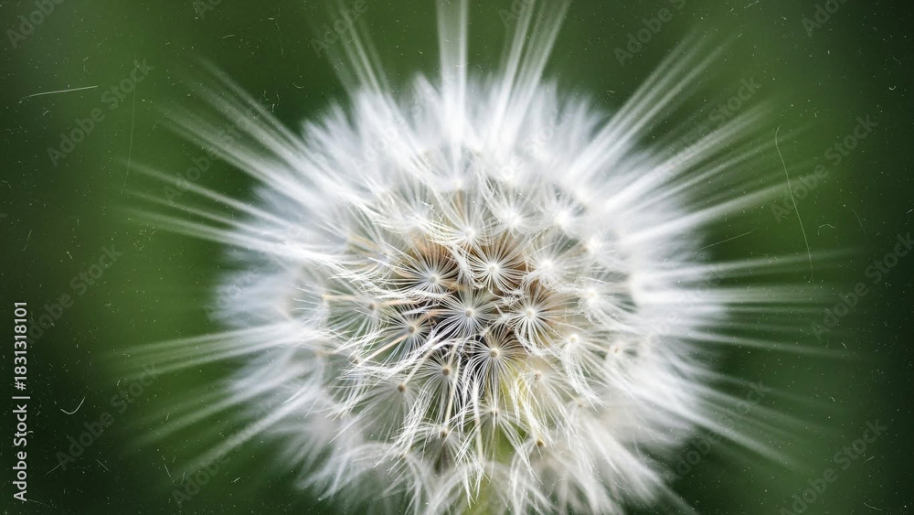 Obraz premium Fragile. Glowing. Future. A close-up of a white dandelion seed head, radiating a bright light burst. On a soft green backdrop, ideal for concepts of wishes, dreams, purity, and new journeys.